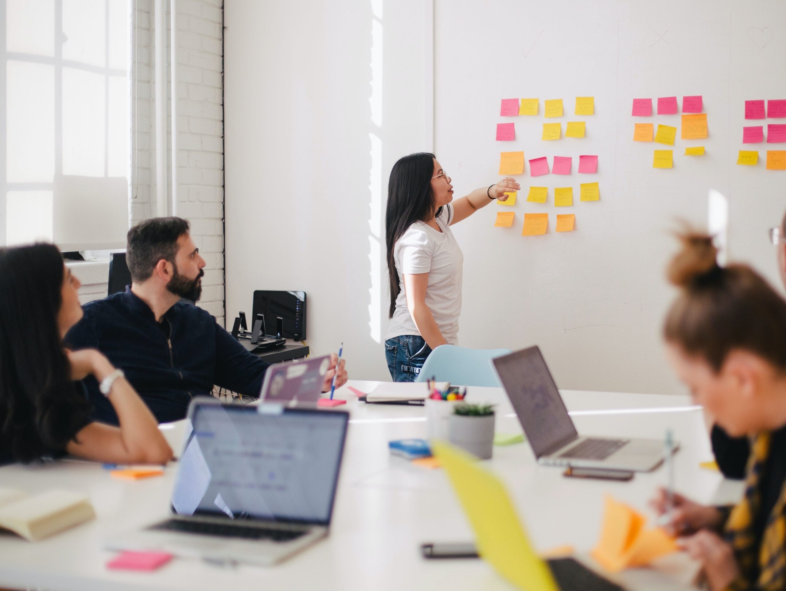 Photo of a team in a meeting using post-it notes